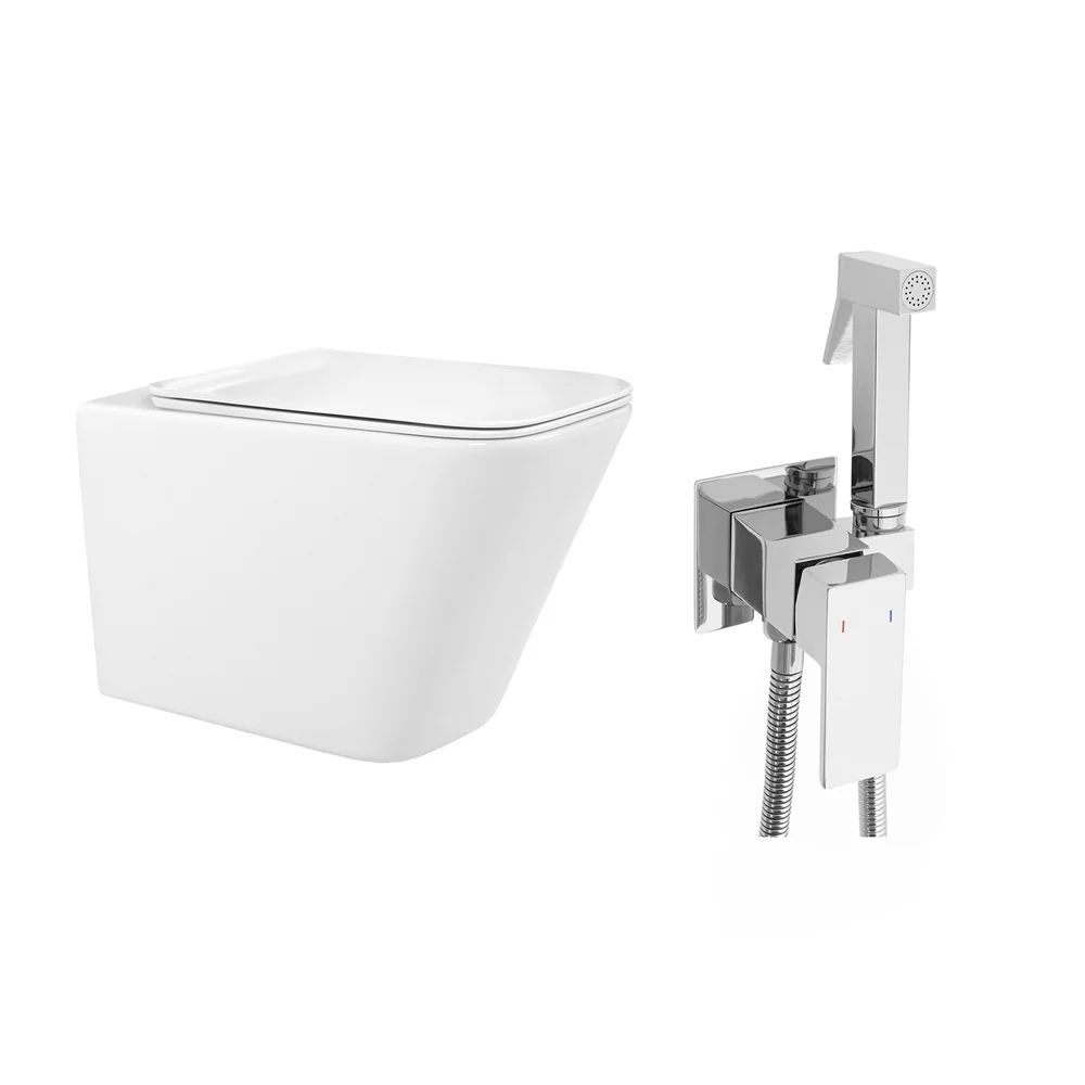 Pachet vas wc suspendat Rea, capac softclose si set dus igiena intima crom cu baterie incastrata Rea Fenix