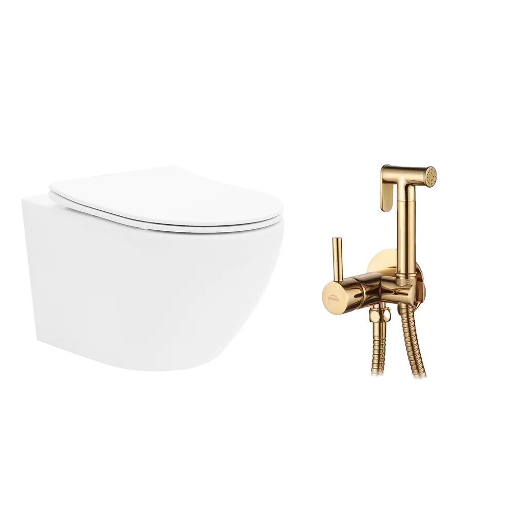 Pachet vas wc suspendat Rea Carlo Mini, capac softclose si set dus igiena intima auriu cu baterie incastrata Invena Bidetta