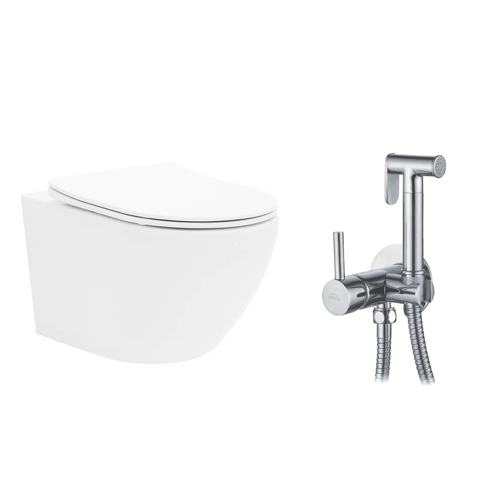 Pachet vas wc suspendat Rea Carlo Mini, capac softclose si set dus igiena intima crom cu baterie incastrata Invena Bidetta