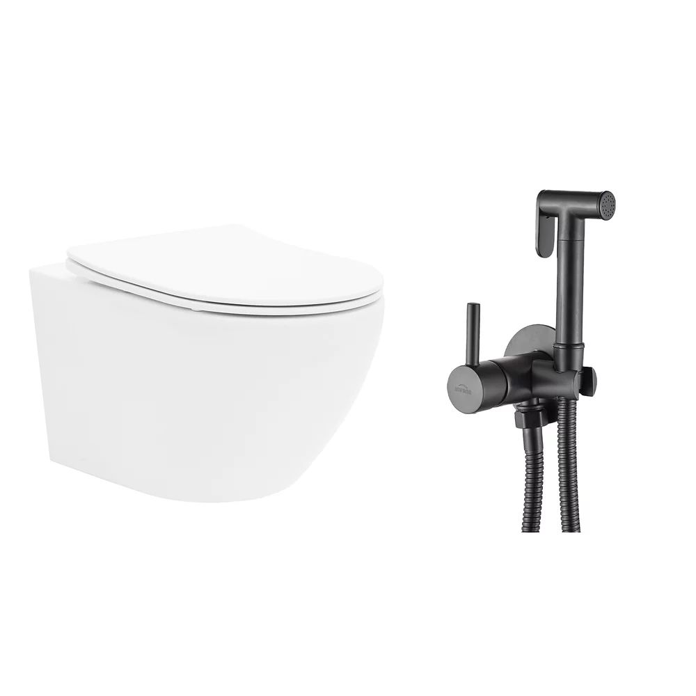 Pachet vas wc suspendat Rea Carlo Mini, capac softclose si set dus igiena intima negru cu baterie incastrata Invena Bidetta