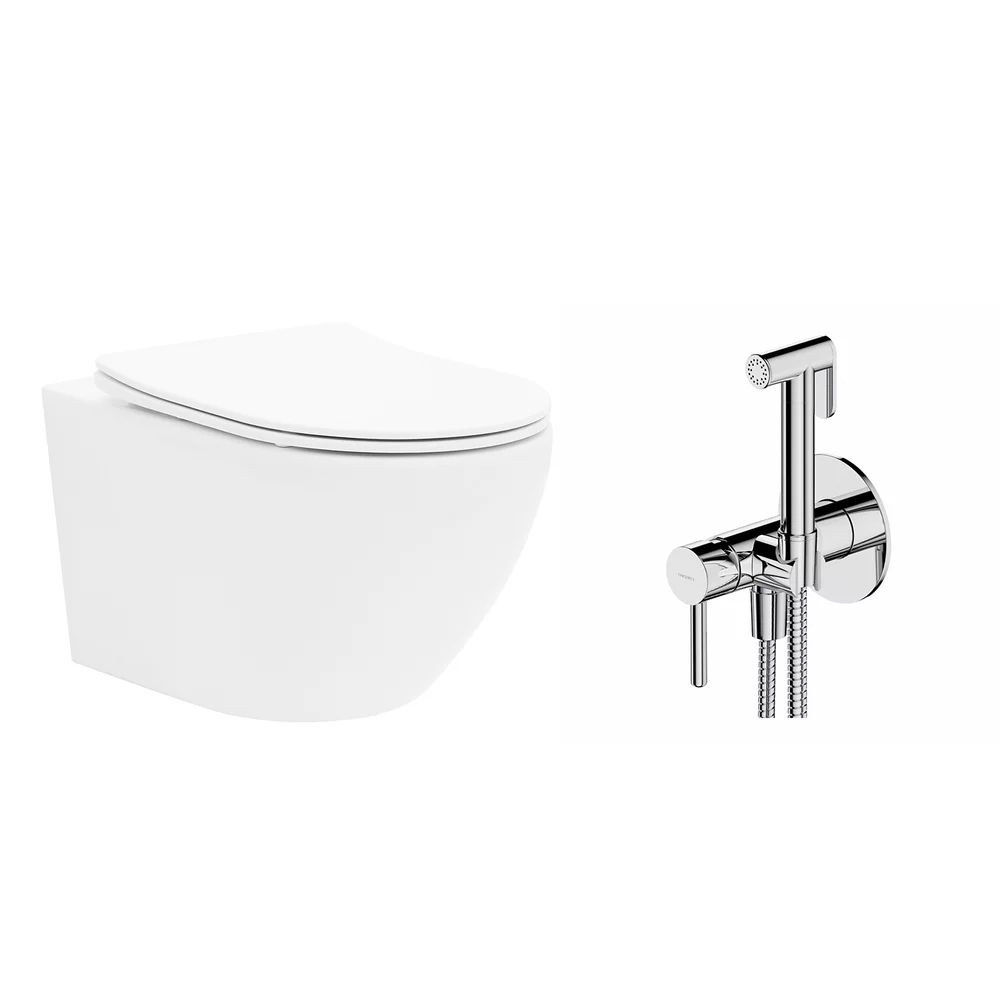 Pachet vas wc suspendat Rea Carlo Mini, capac softclose si set dus igiena intima crom cu baterie incastrata Omnires Y