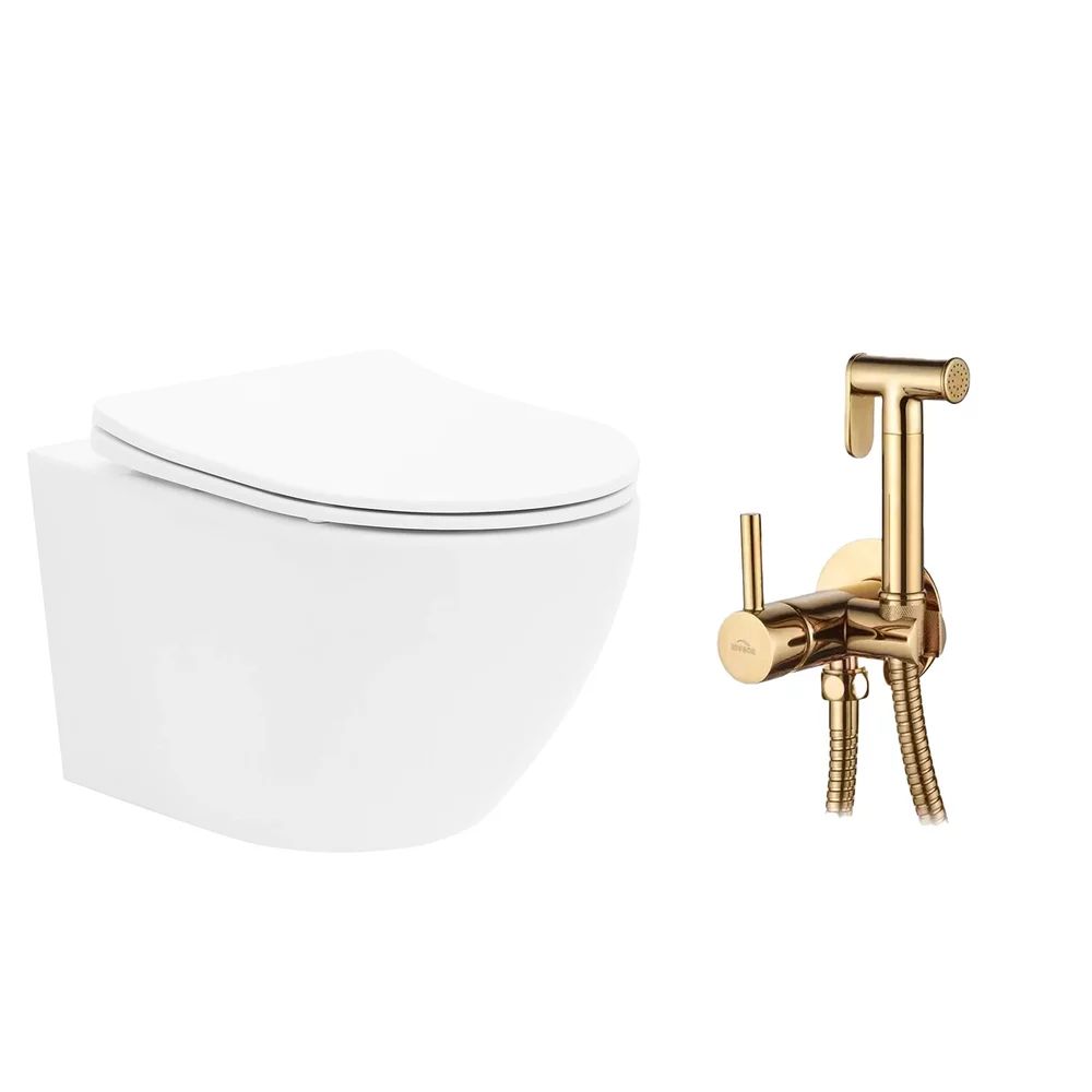 Pachet vas wc suspendat Rea Carlo Mini Basic, capac softclose si set dus igiena intima auriu cu baterie incastrata Invena Bidetta