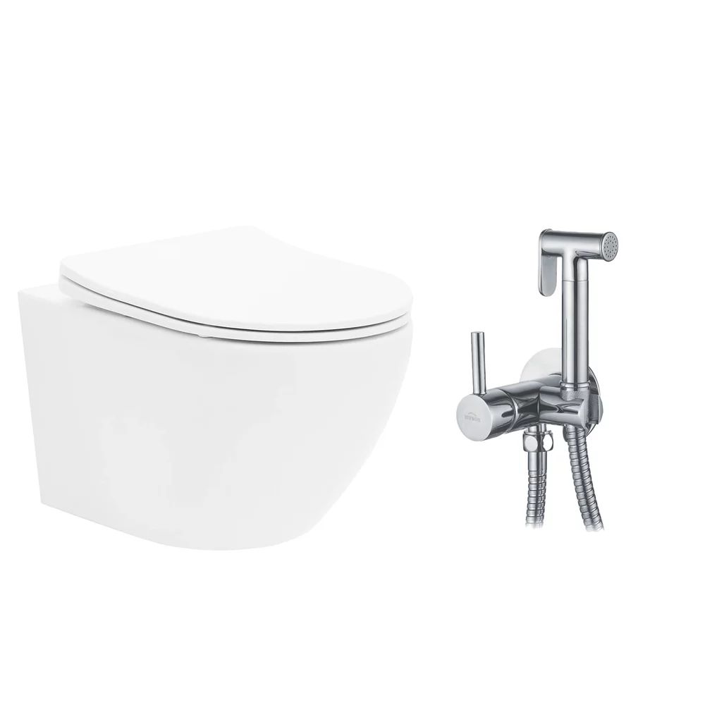 Pachet vas wc suspendat Rea Carlo Mini Basic, capac softclose si set dus igiena intima crom cu baterie incastrata Invena Bidetta