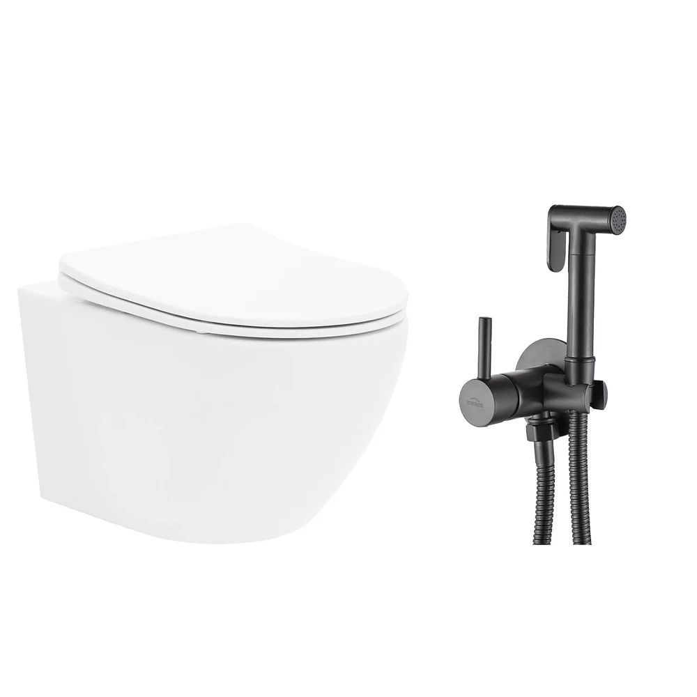 Pachet vas wc suspendat Rea Carlo Mini Basic, capac softclose si set dus igiena intima negru cu baterie incastrata Invena Bidetta