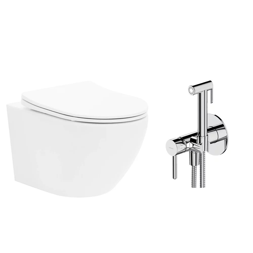 Pachet vas wc suspendat Rea Carlo Mini Basic, capac softclose si set dus igiena intima crom cu baterie incastrata Omnires Y