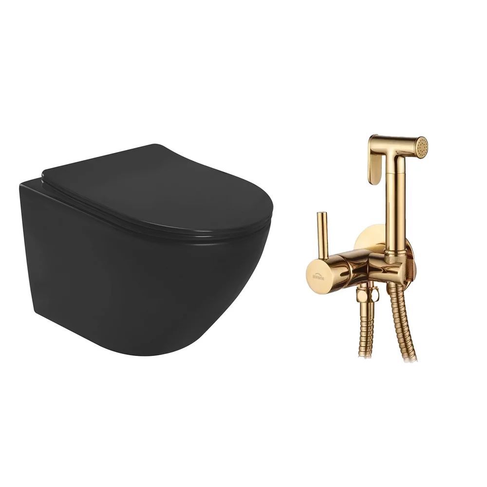 Pachet vas wc suspendat Rea Carlo, capac softclose si set dus igiena intima auriu cu baterie incastrata Invena Bidetta