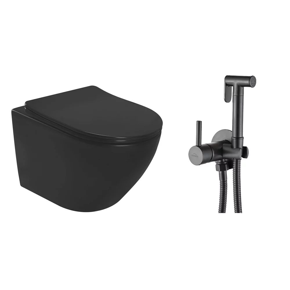 Pachet vas wc suspendat Rea Carlo, capac softclose si set dus igiena intima negru cu baterie incastrata Invena Bidetta