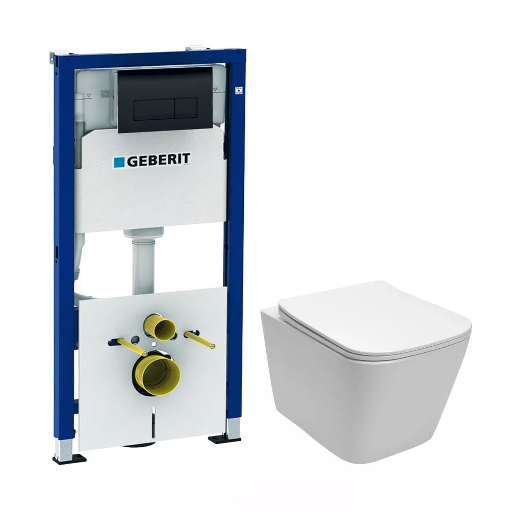 Pachet vas wc suspendat Rea, capac softclose, rezervor incastrat si clapeta Geberit Delta negru