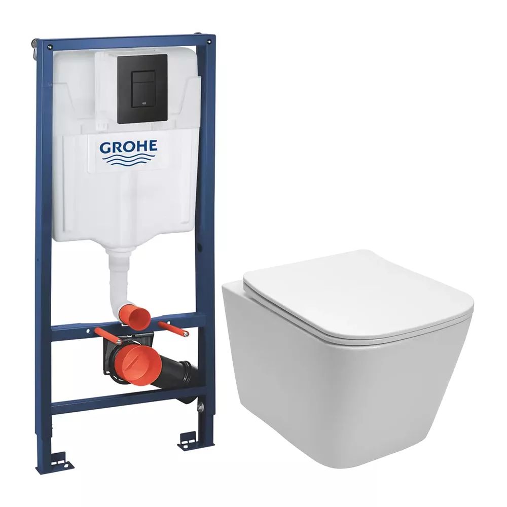 Pachet vas wc suspendat Rea alb, capac softclose, rezervor Grohe Rapid SL si clapeta Grohe Even negru mat