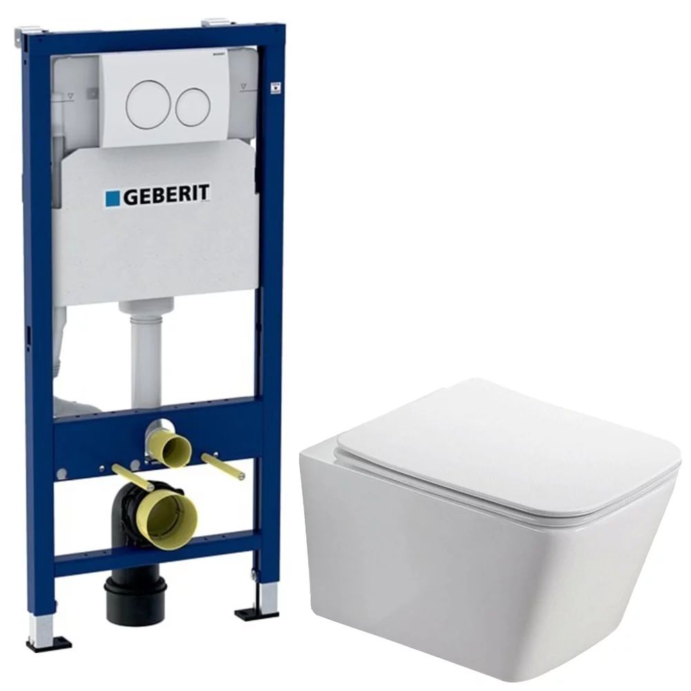 Pachet vas wc Rune Jord, capac slim softclose si set rezervor wc cu cadru incastrat Geberit Duofix si clapeta alba Delta20