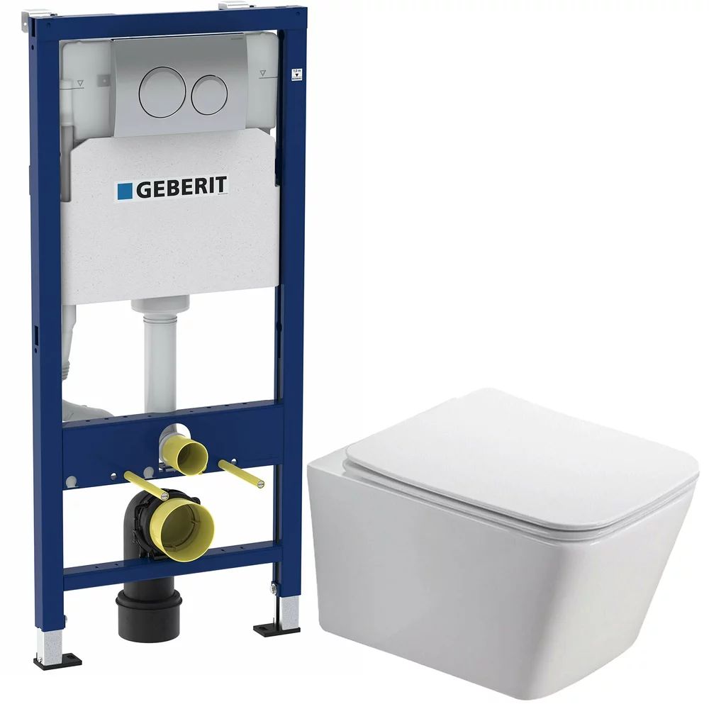 Pachet vas wc Rune Jord, capac slim softclose si set rezervor wc cu cadru incastrat Geberit Duofix si clapeta crom Delta20