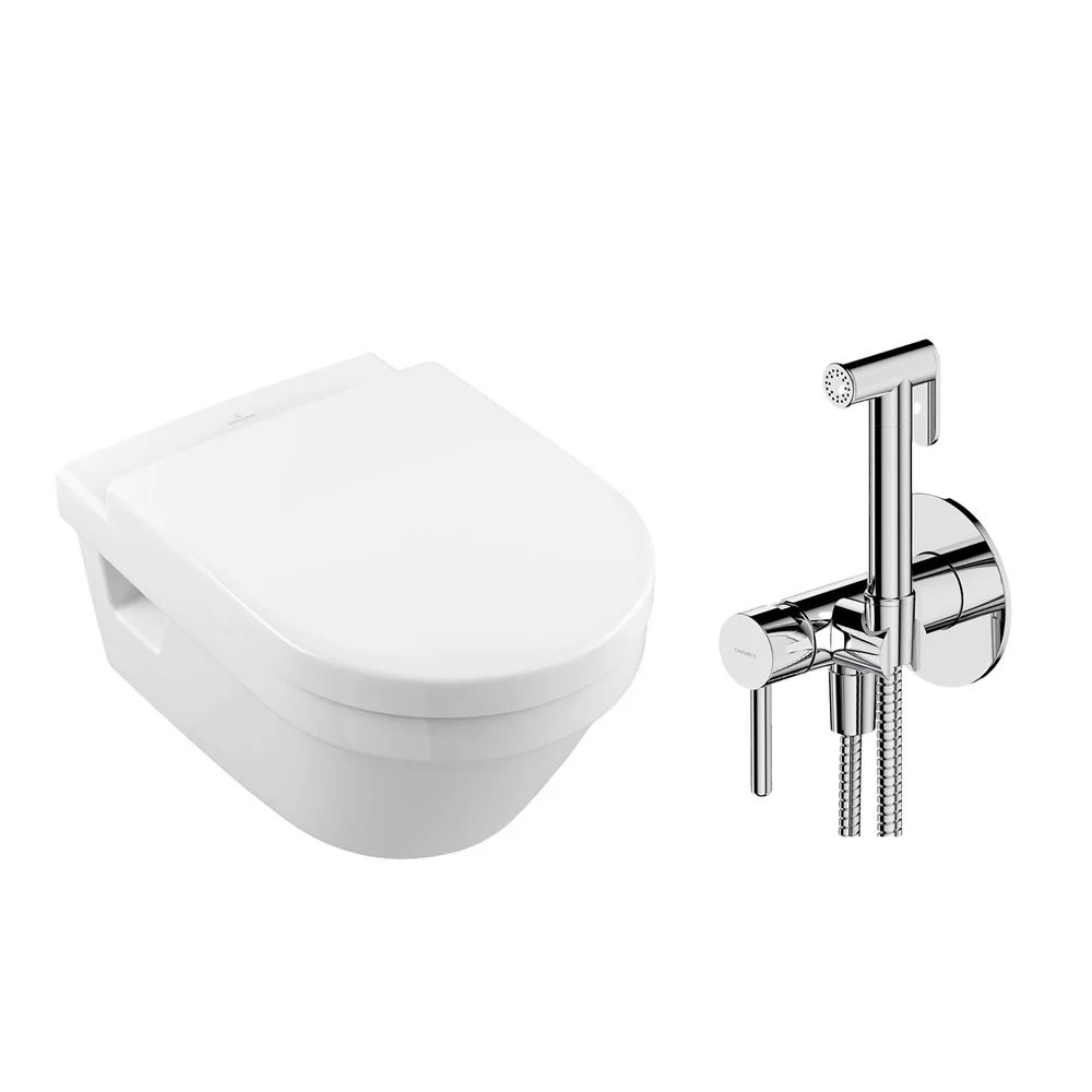 Pachet vas wc suspendat Villeroy&Boch Architectura, capac softclose si set dus igiena intima crom cu baterie incastrata Omnires Y