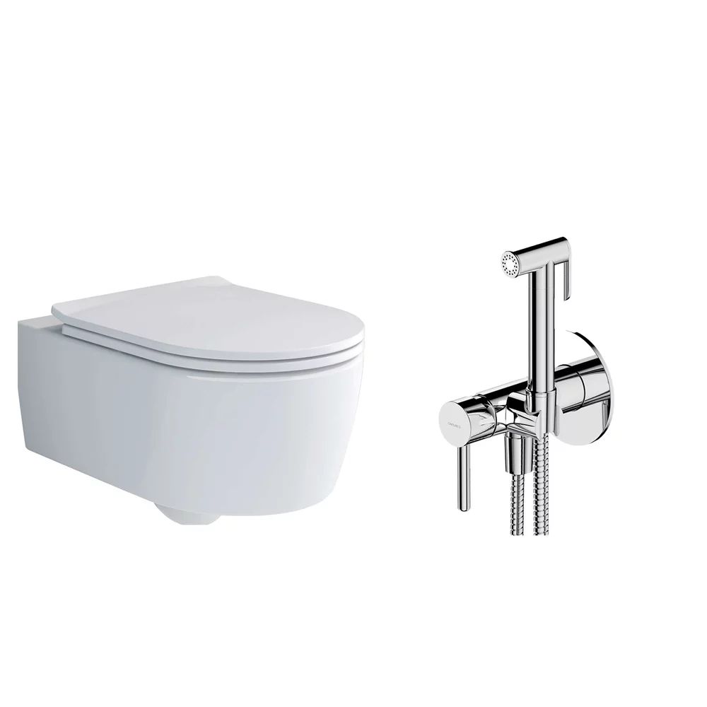 Pachet vas wc suspendat Villeroy&Boch Soul, capac softclose si set dus igiena intima crom cu baterie incastrata Omnires Y crom