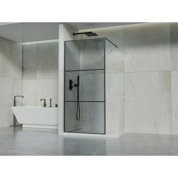 Paravan de dus tip Walk-In Inter Ceramic profil negru mat - sticla fumurie cu lini negre 90x190 cm