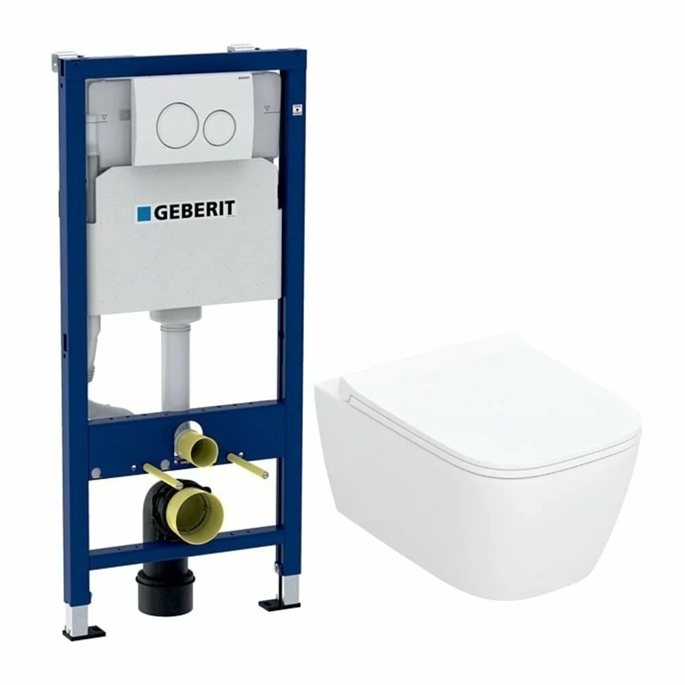 Rezervor WC cu cadru incastrat Geberit Duofix cu clapeta alba Delta20 si vas WC suspendat Smyle TurboFlush alb cu capac softclose