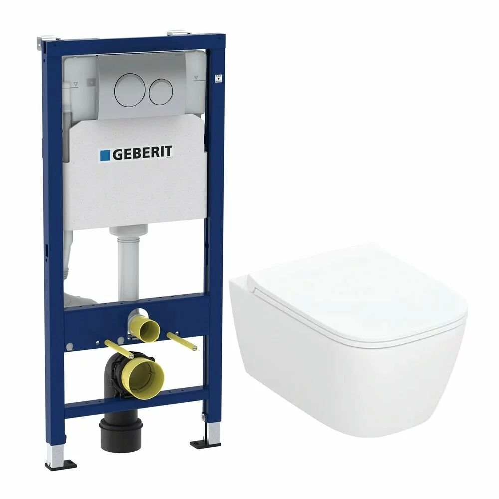 Rezervor WC cu cadru incastrat Geberit Duofix cu clapeta crom Delta20 si vas WC suspendat Smyle TurboFlush alb si capac softclose