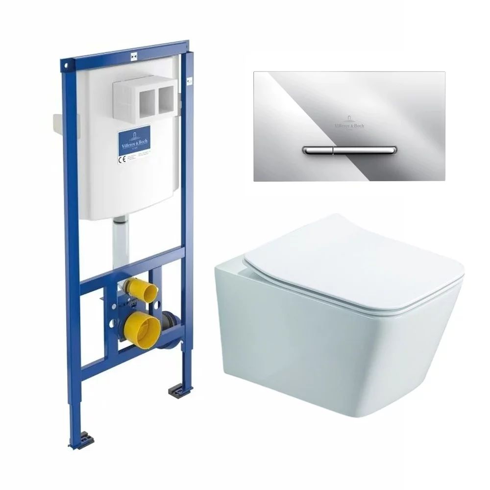 Rezervor WC cu cadru incastrat Villeroy&Boch 112 cm cu clapeta ViConnect crom plus vas WC Rune Jord alb cu capac softclose