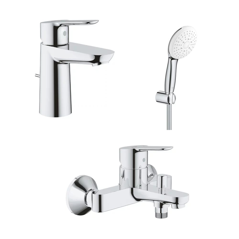 Set baterii lavoar cada Grohe BauEdge si dus cu porter Tempesta crom lucios