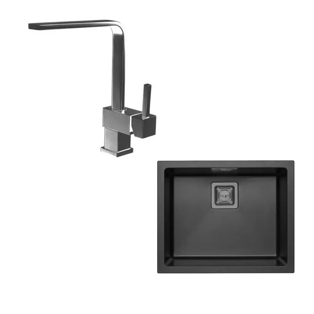 Set chiuveta bucatarie Alveus Quadrix 50 negru 56x46 cm si baterie Laguna Monarch antracit