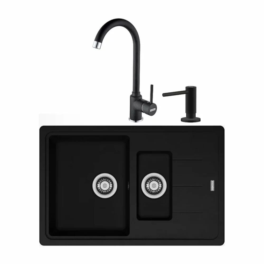 Set chiuveta bucatarie compozit Franke Basis 1 cuva 1/2 cu picurator 78x50 cm negru mat cu baterie Pola si dozator detergent