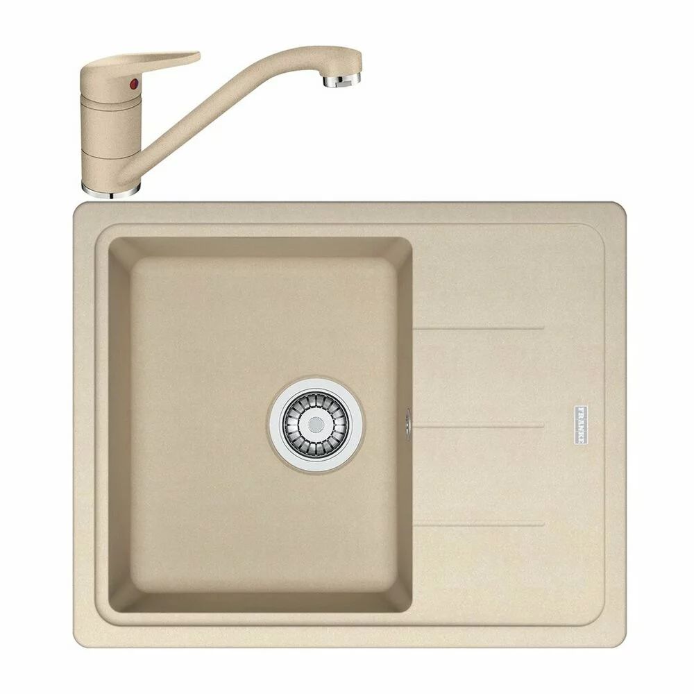 Set chiuveta bucatarie compozit Franke Basis 1 cuva cu picurator 62x50 cm reversibila finisaj bej mat cu baterie