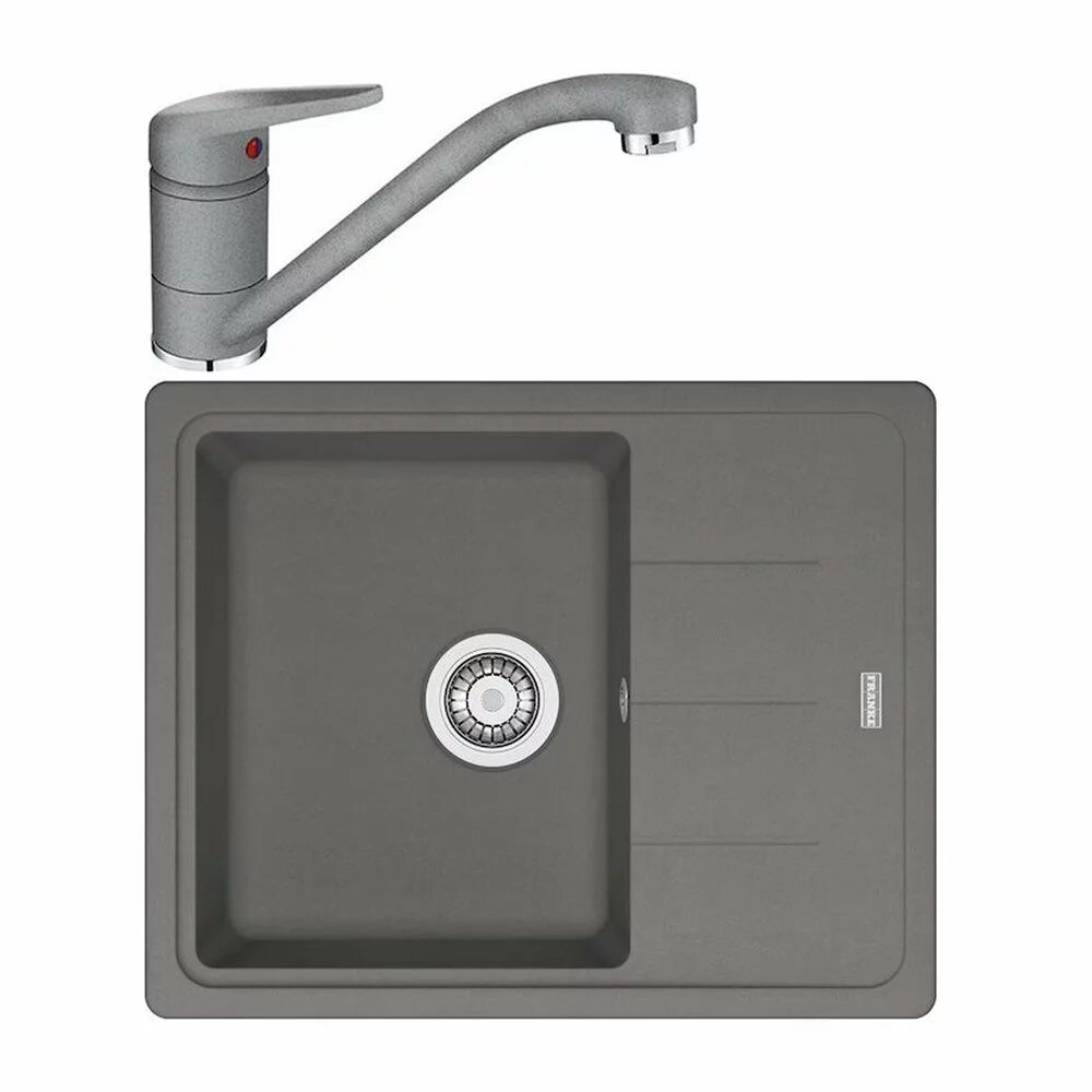 Set chiuveta bucatarie compozit Franke Basis 1 cuva cu picurator 62x50 cm reversibila finisaj Stone Grey mat cu baterie