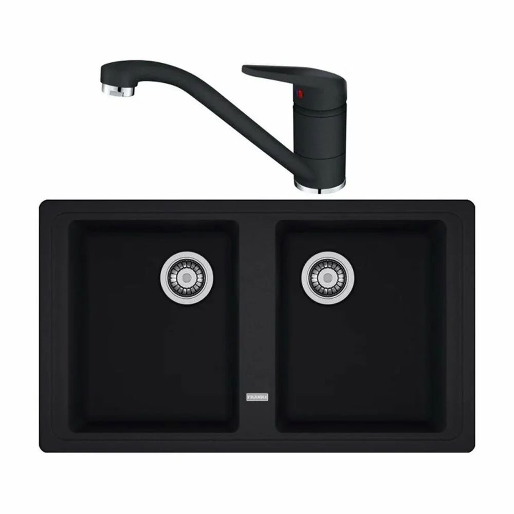 Set chiuveta bucatarie compozit Franke Basis 2 cuve fara picurator 86x50 cm finisaj negru mat cu baterie Novara Plus
