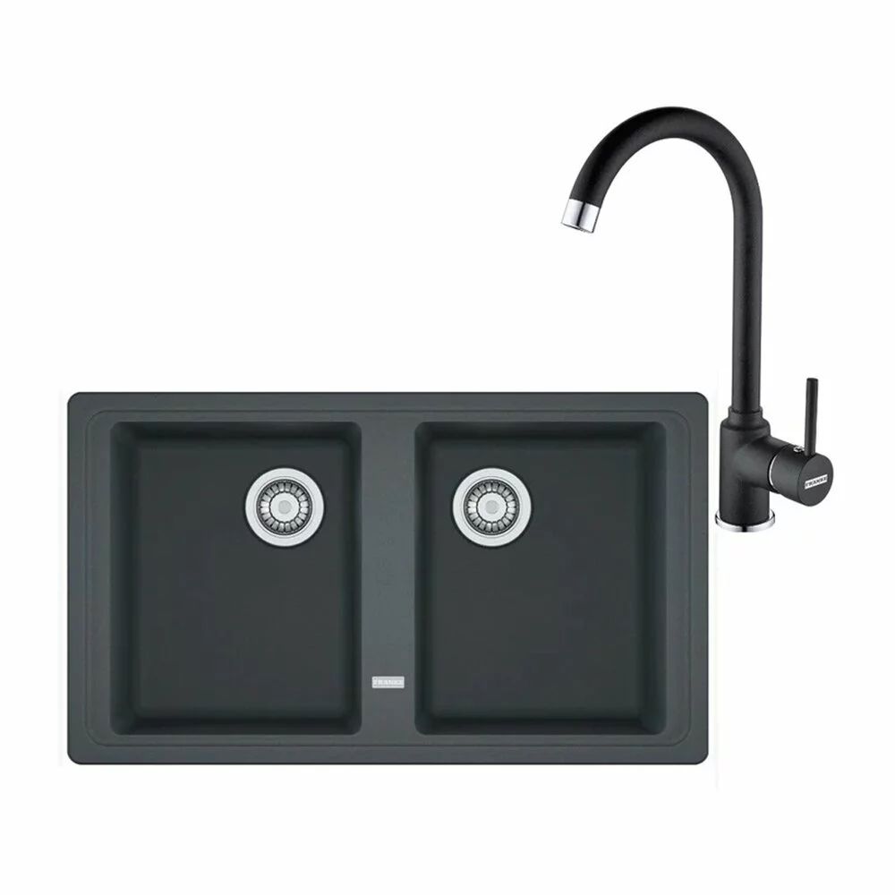 Set chiuveta bucatarie compozit Franke Basis 2 cuve fara picurator 86x50 cm finisaj negru mat cu baterie Pola