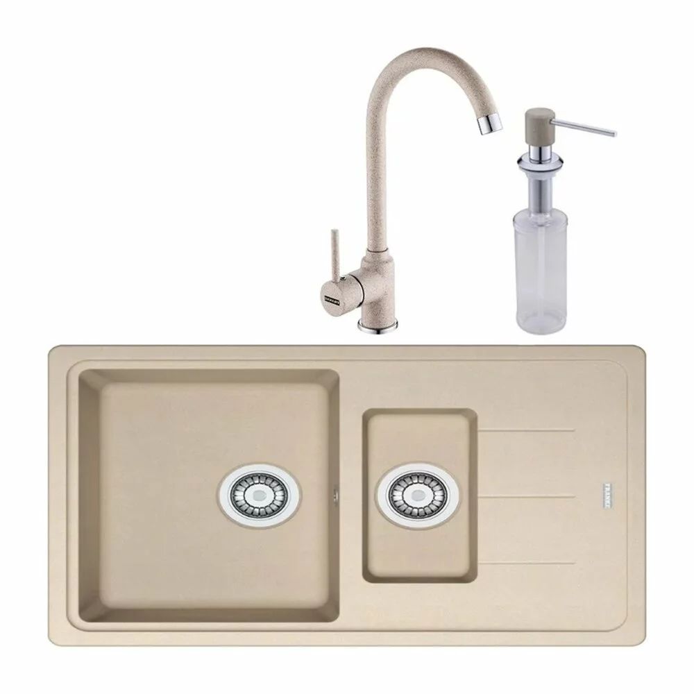 Set chiuveta bucatarie compozit Franke Basis Avena 1 cuva 1/2 cu picurator 78x50 cm bej mat cu baterie Pola si dozator detergent