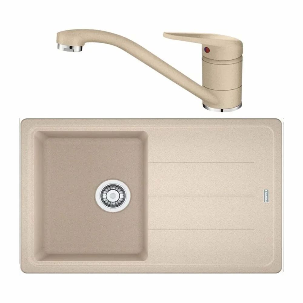 Set chiuveta bucatarie compozit Franke Basis Avena 1 cuva cu picurator 78x50 cm finisaj bej mat cu baterie Novara Plus