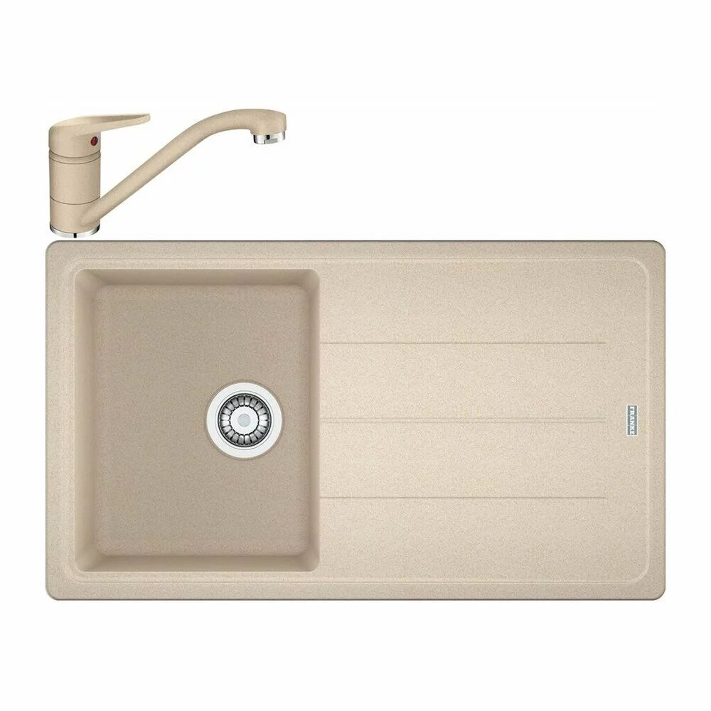 Set chiuveta bucatarie compozit Franke Basis Avena 1 cuva cu picurator 86x50 cm finisaj bej mat cu baterie Novara Plus