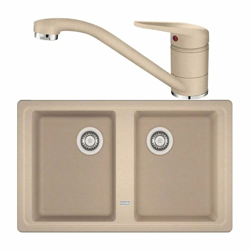 Set chiuveta bucatarie compozit Franke Basis Avena 2 cuve fara picurator 86x50 cm finisaj bej mat cu baterie Novara Plus