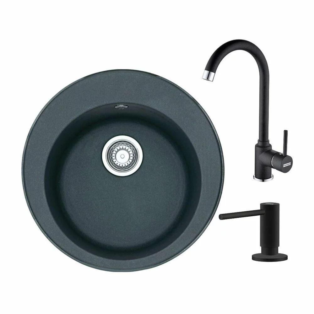 Set chiuveta bucatarie compozit Franke Rotondo 51 cm finisaj negru mat cu dozator detergent si baterie Pola