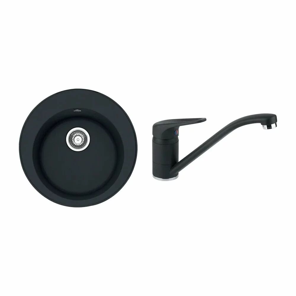 Set chiuveta bucatarie compozit Franke Rotondo 51 cm finisaj negru mat si baterie Novara Plus