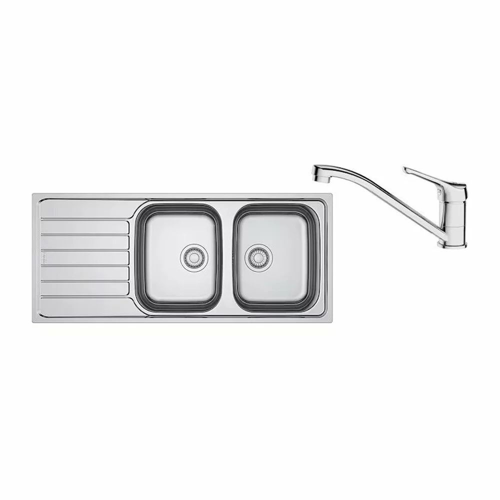 Set chiuveta bucatarie inox Franke Spark 116x50 cm cu 2 cuve si picurator stanga finisaj lucios plus baterie crom