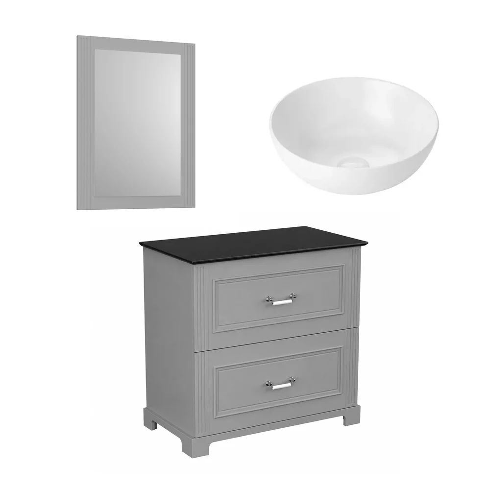Set dulap baza pe pardoseala Krofam Oxford gri 80 cm blat negru cu lavoar si oglinda