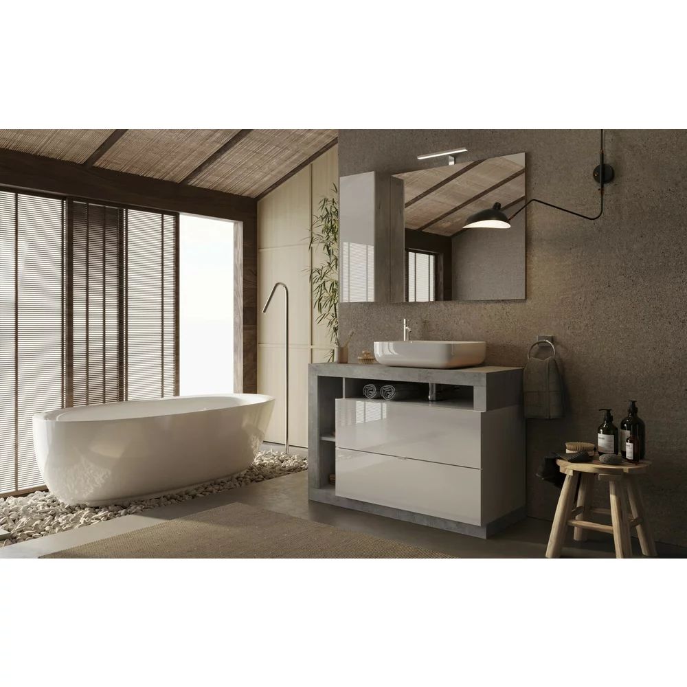 Set dulap baza pe pardoseala si lavoar LC Mobili Italia Hamburg 110 cm finisaj alb/gri beton