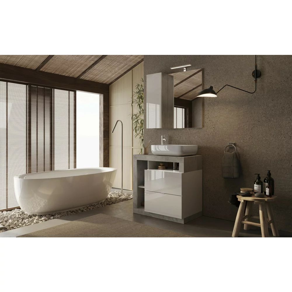 Set dulap baza pe pardoseala si lavoar LC Mobili Italia Hamburg 79 cm finisaj alb/gri beton