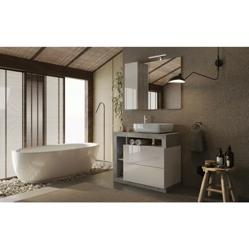 Set dulap baza pe pardoseala si lavoar LC Mobili Italia Hamburg 92 cm finisaj alb/gri beton