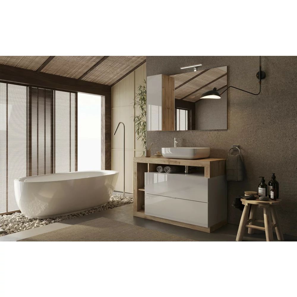 Set dulap baza pe pardoseala si lavoar LC Mobili Italia Hamburg 110 cm finisaj alb/maro lemn
