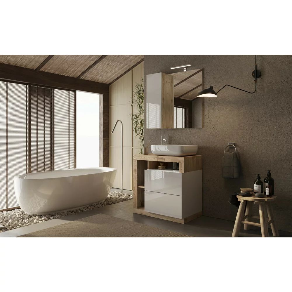 Set dulap baza pe pardoseala si lavoar LC Mobili Italia Hamburg 79 cm finisaj alb/maro lemn