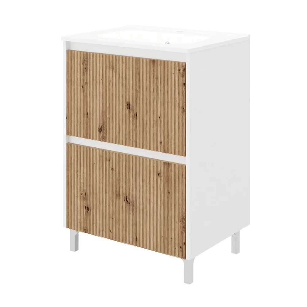 Set dulap baza stejar mat si lavoar Savini Due Creta 60 cm