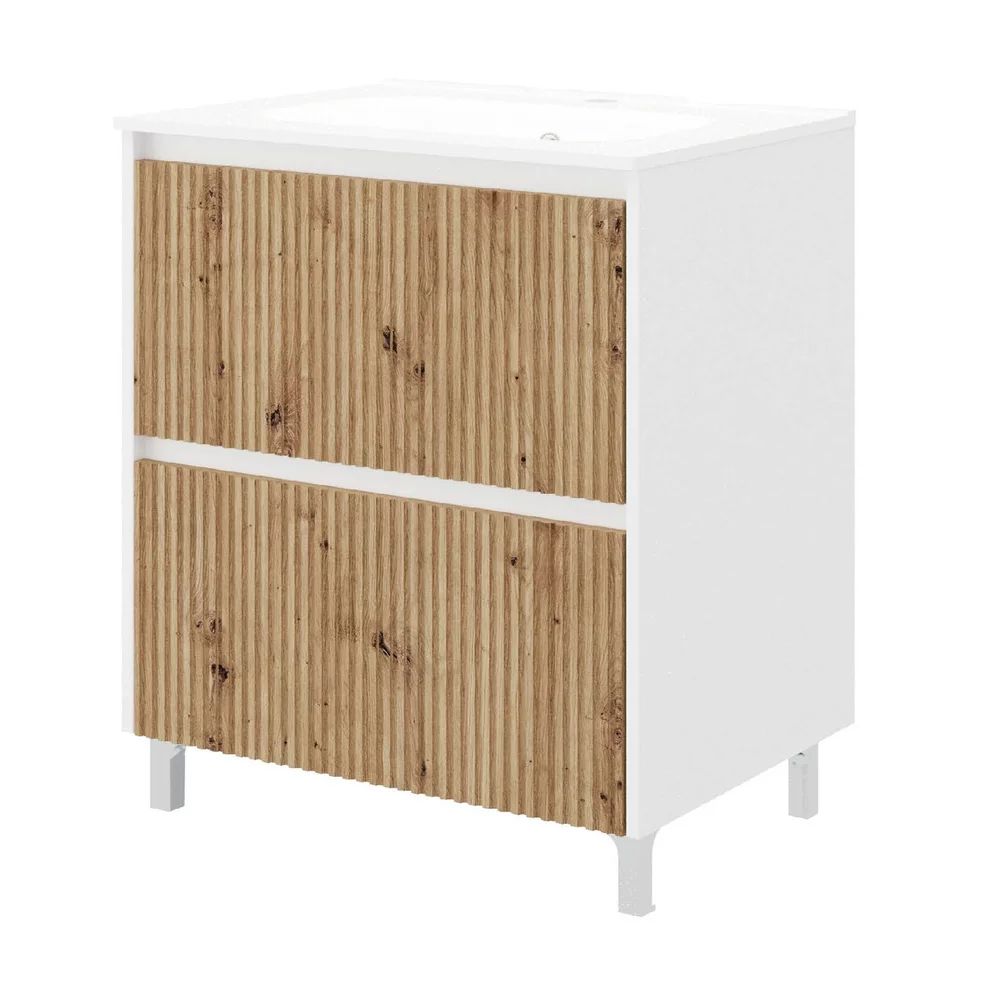 Set dulap baza stejar mat si lavoar Savini Due Creta 80 cm