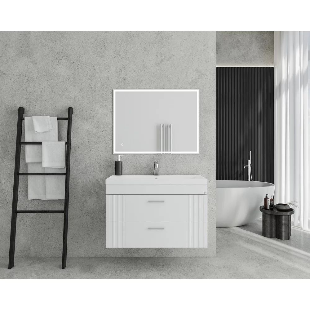 Set dulap baza suspendat alb cu 2 sertare si lavoar alb Drop Lines Diana 80 cm