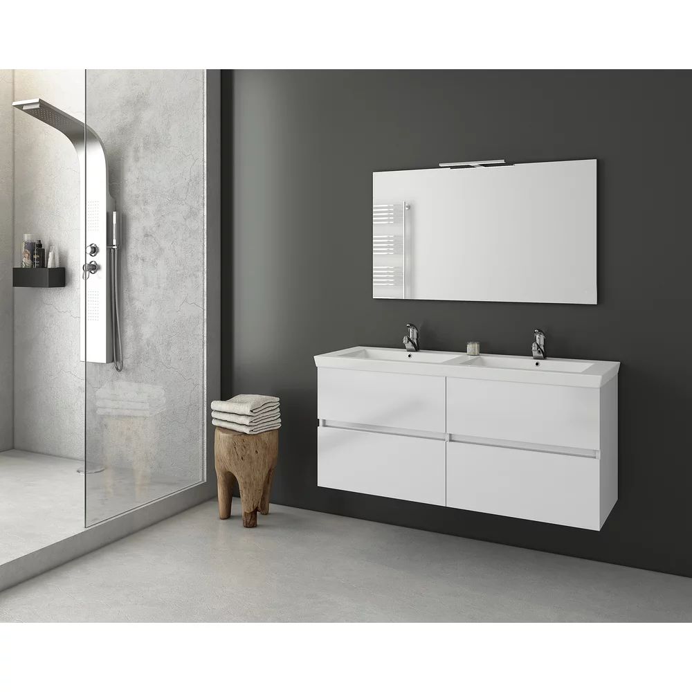 Set dulap baza suspendat alb si lavoar dublu alb Drop Luxus 120 cm