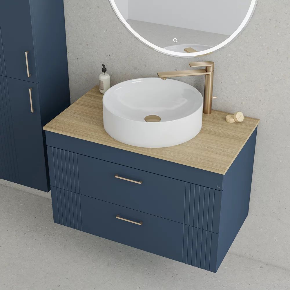 Set dulap baza suspendat bleumarin cu 2 sertare Drop Lines Athena si blat Honey Oak 80 cm