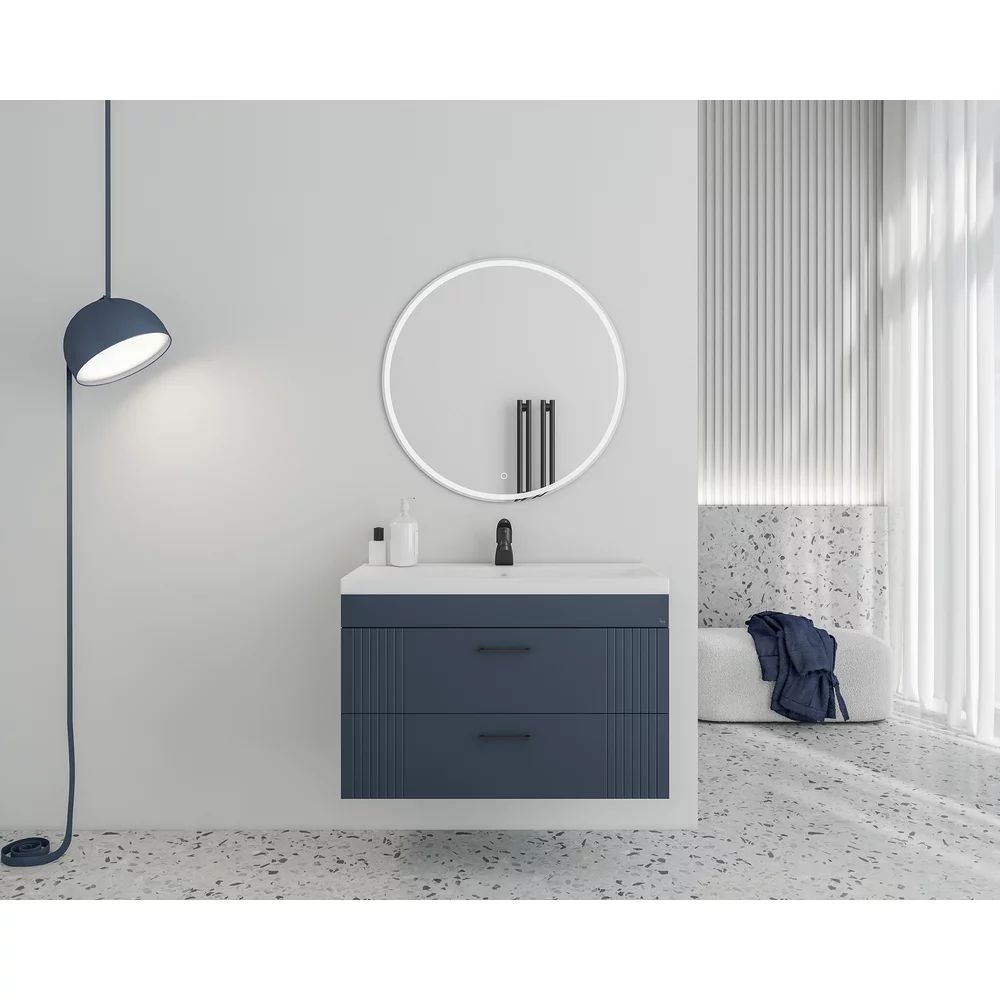 Set dulap baza suspendat bleumarin cu 2 sertare si lavoar alb Drop Lines Diana 80 cm