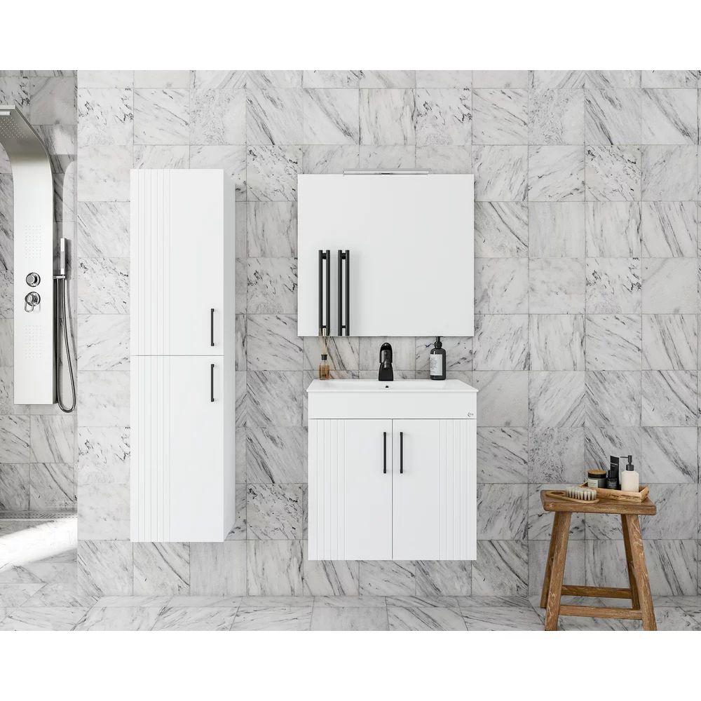 Set dulap baza suspendat Drop Lines Hera cu 2 usi si lavoar 50 cm alb