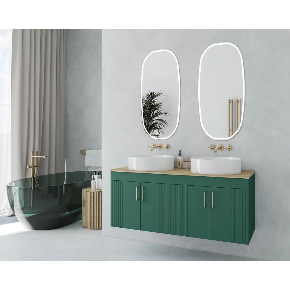Set dulap baza suspendat Drop Lines Hera cu 2 usi verde si blat 120 cm maro