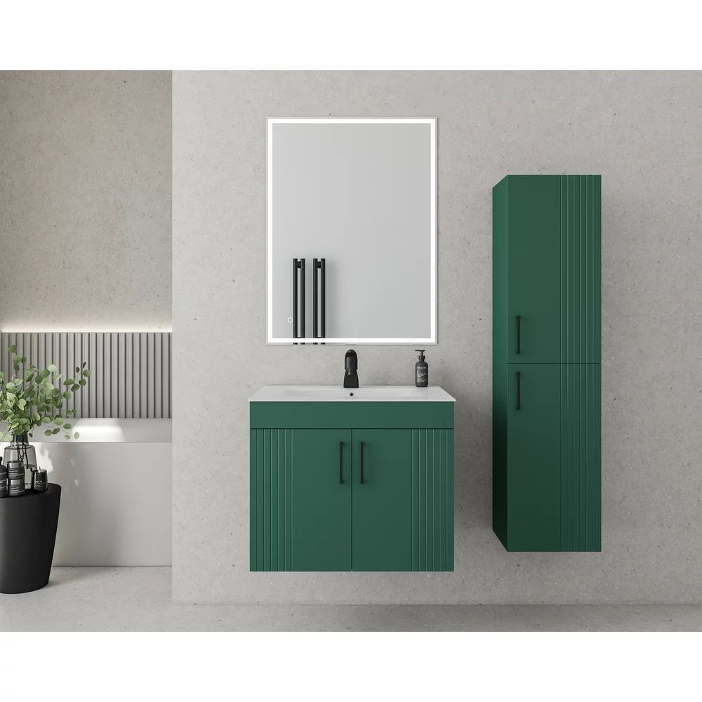 Set dulap baza suspendat Drop Lines Hera cu 2 usi verde si lavoar 60 cm alb